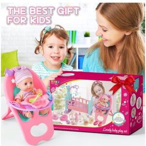 Baby doll with crib and high chair